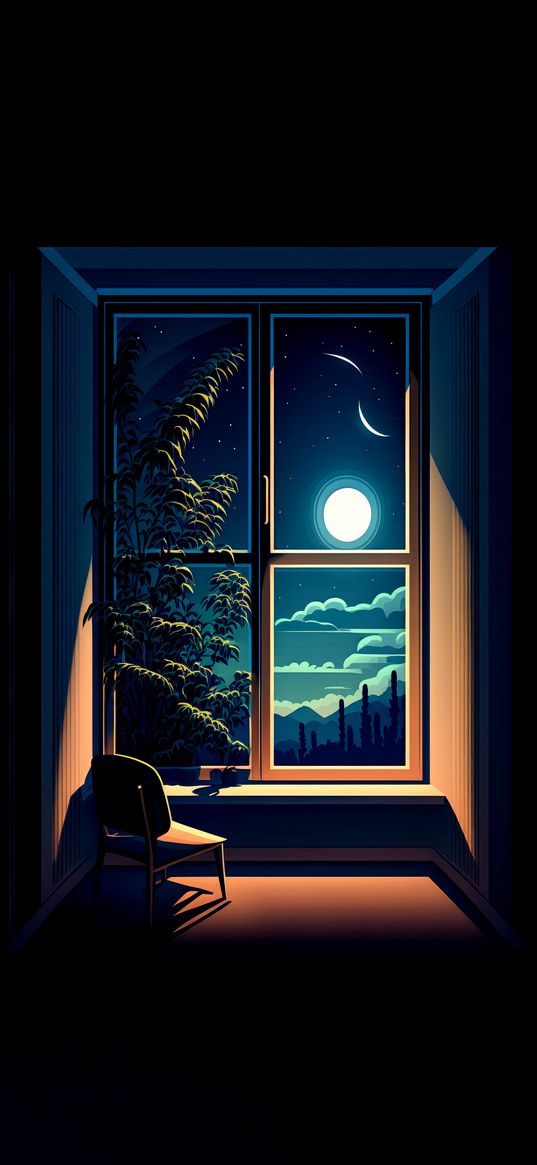 chair, room, window, plant, moon, clouds, night, ai, art