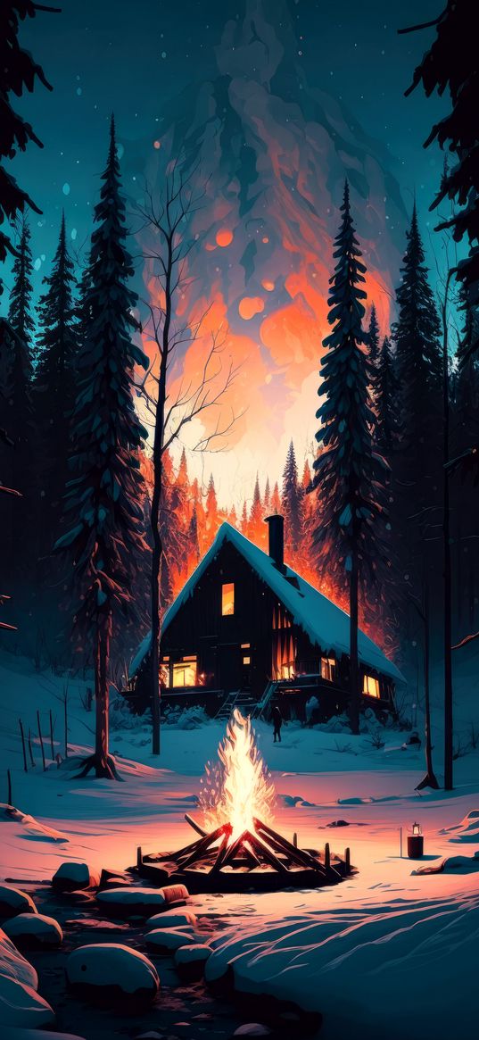 bonfire, fire, house, trees, forest, snow, winter, night, ai, art