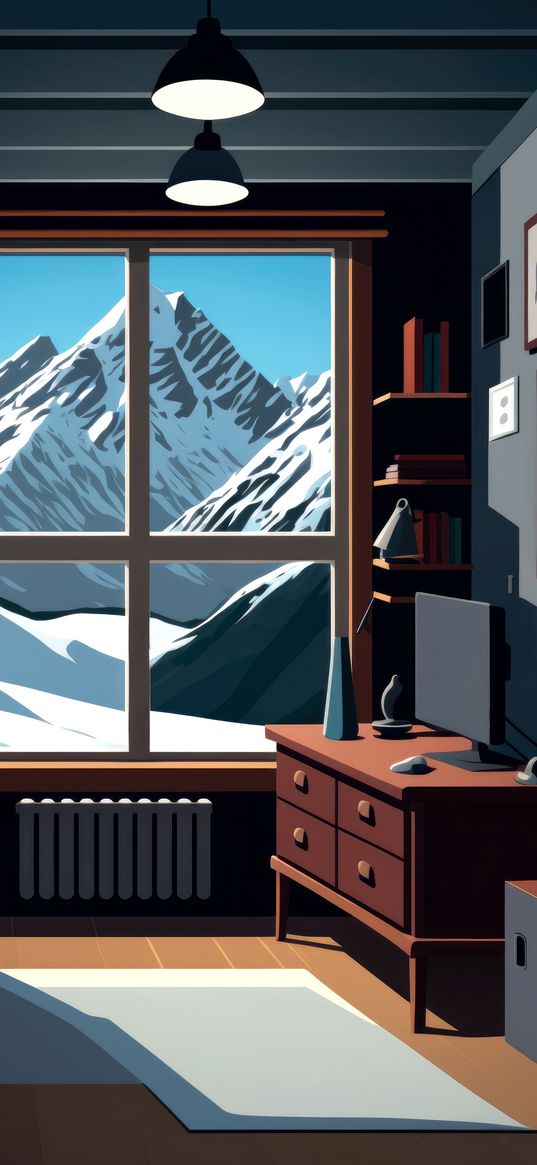 interior, room, window, mountains, snow, winter, ai, art