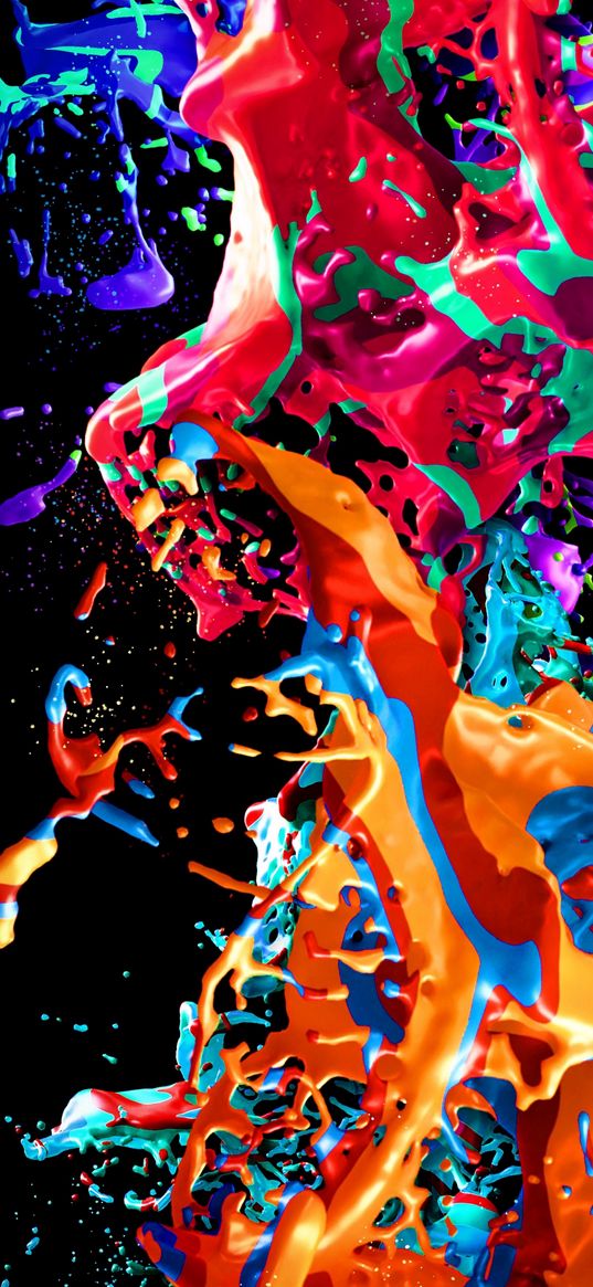 paints, splashes, mixing, colorful, bright, black background, abstraction