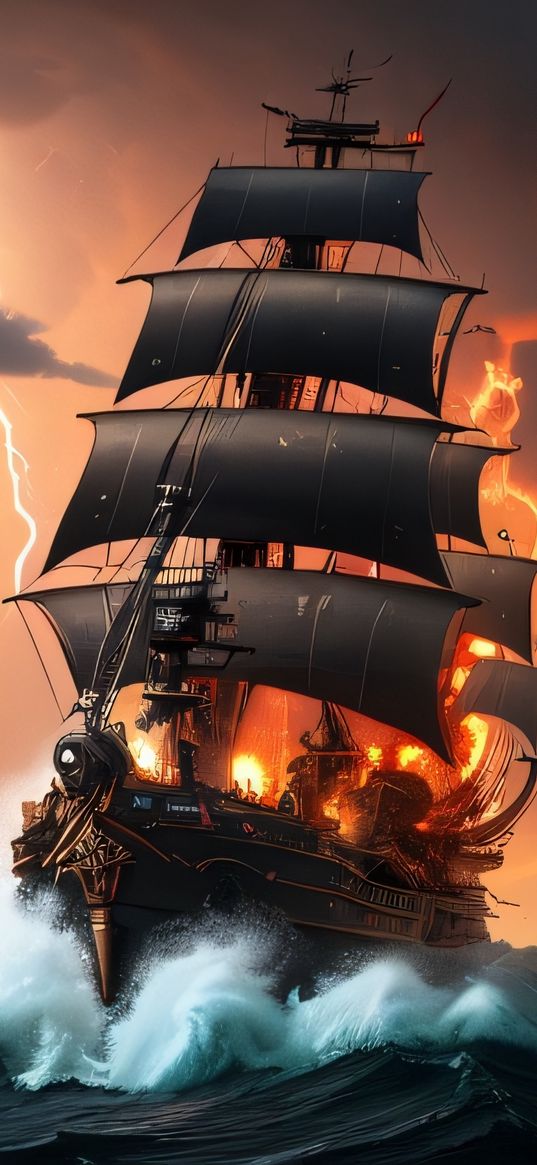 ship, water, fire, lightning, storm