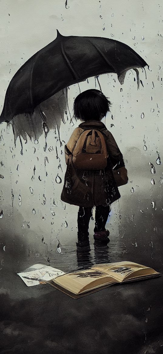 dark, umbrella, book, rain, girl, art