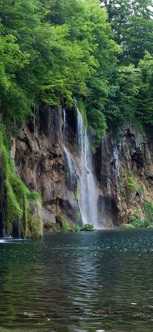 river, cliffs, waterfalls, trees, landscape