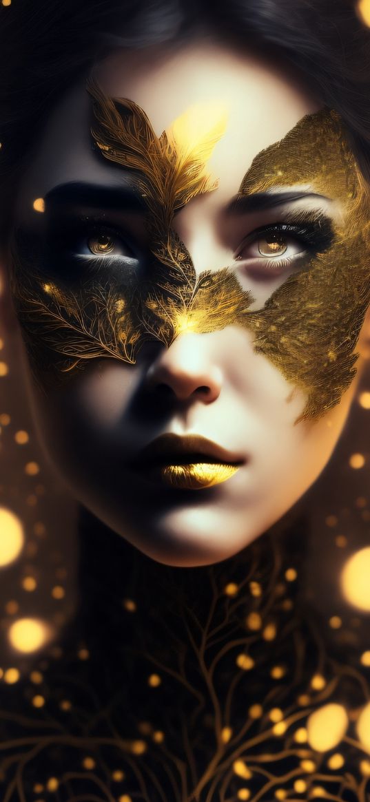 girl, mask, gold, bokeh, digital art