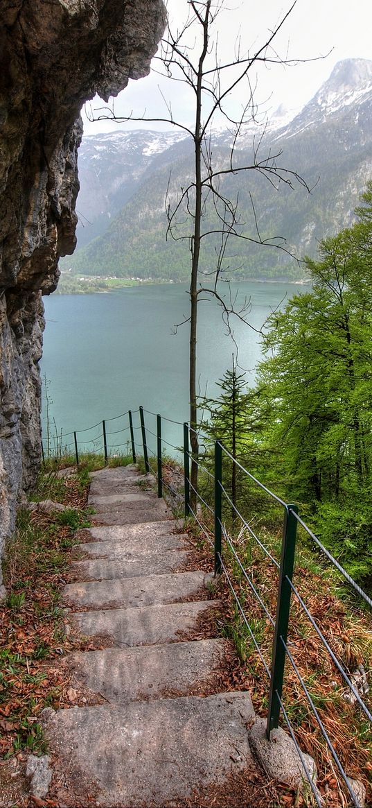 rock, lake, stairs, trees, slope, landscape