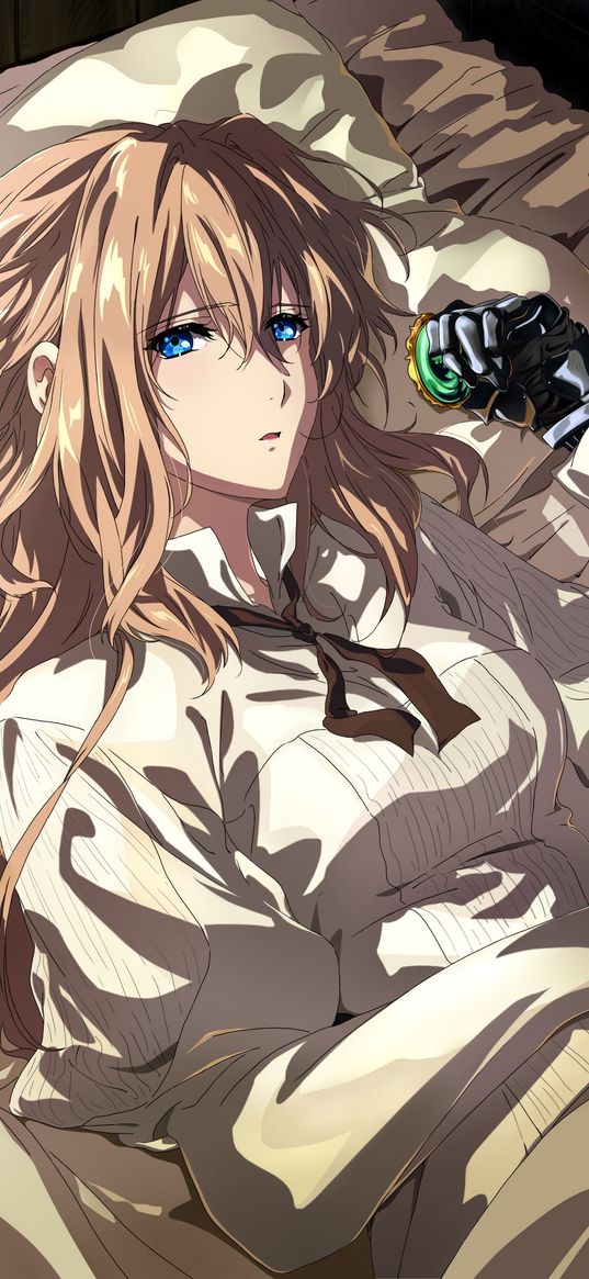 violet evergarden, anime, girl, brooch, bed, art