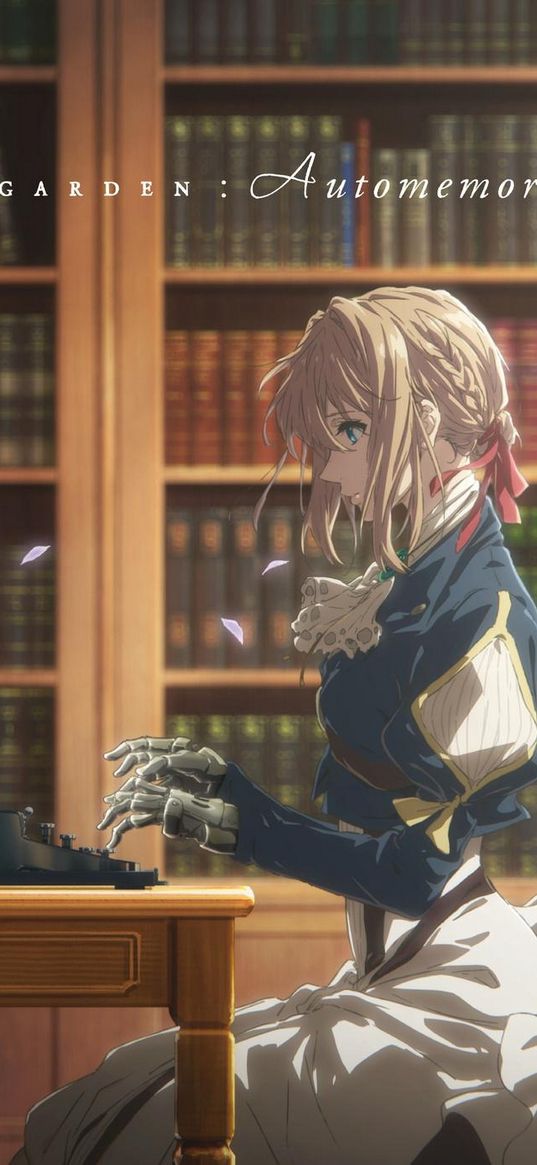 violet evergarden, anime, girl, typewriter, office, library, art