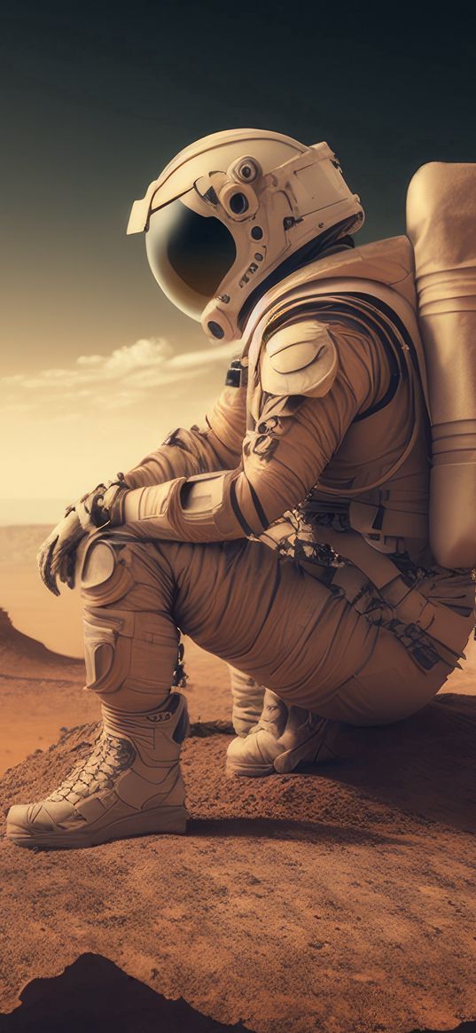 astronaut, cosmonaut, spacesuit, sand, desert, art