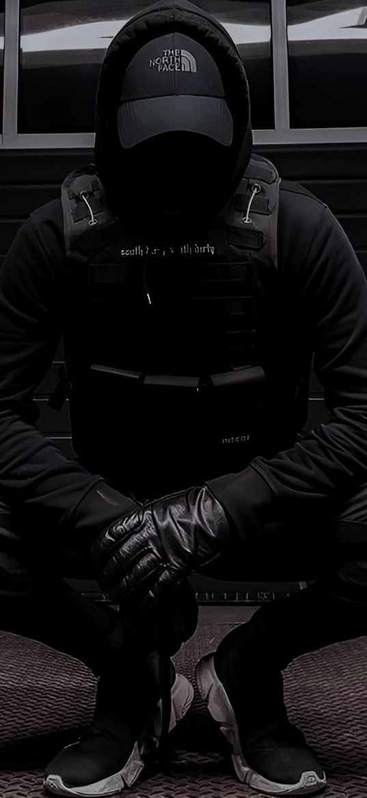 cap, hood, mask, vest, black, sporty style