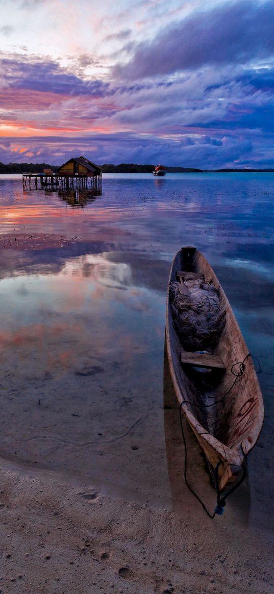 sand, boat, ocean, hut, sky, clouds