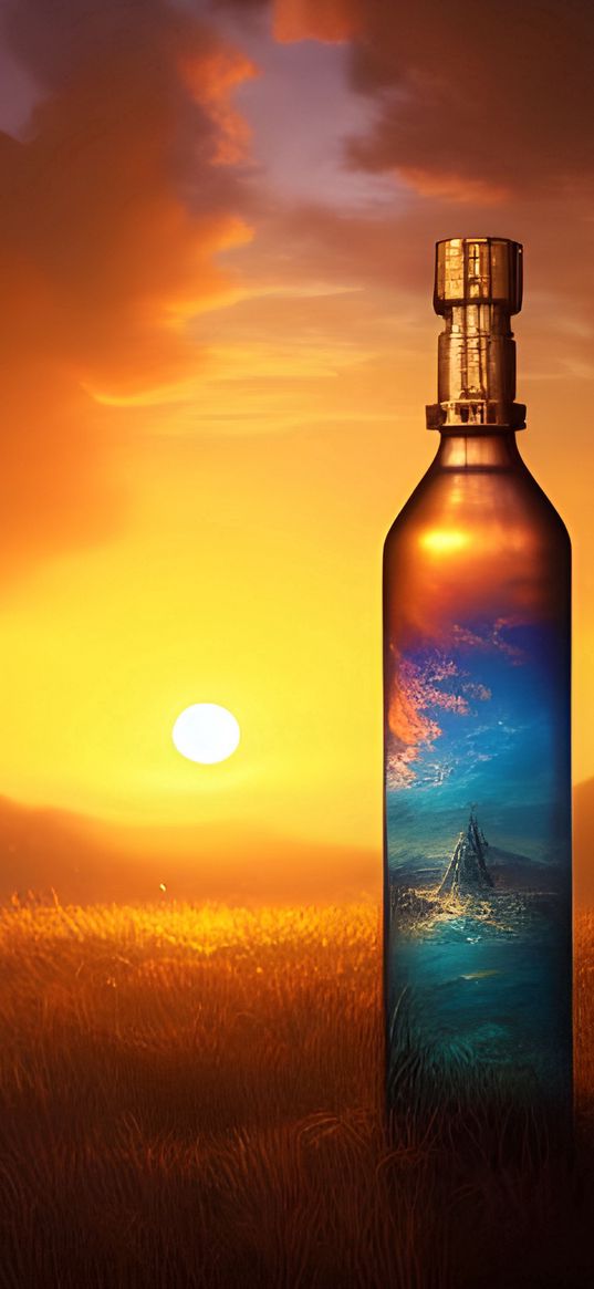 grass, bottle, sunset, art