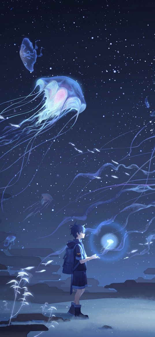 boy, jellyfish, fantasy, stars, night sky, art, blue