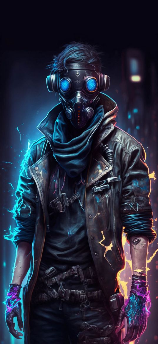 guy, mask, cyberpunk, neon, glow, lightning, color, art