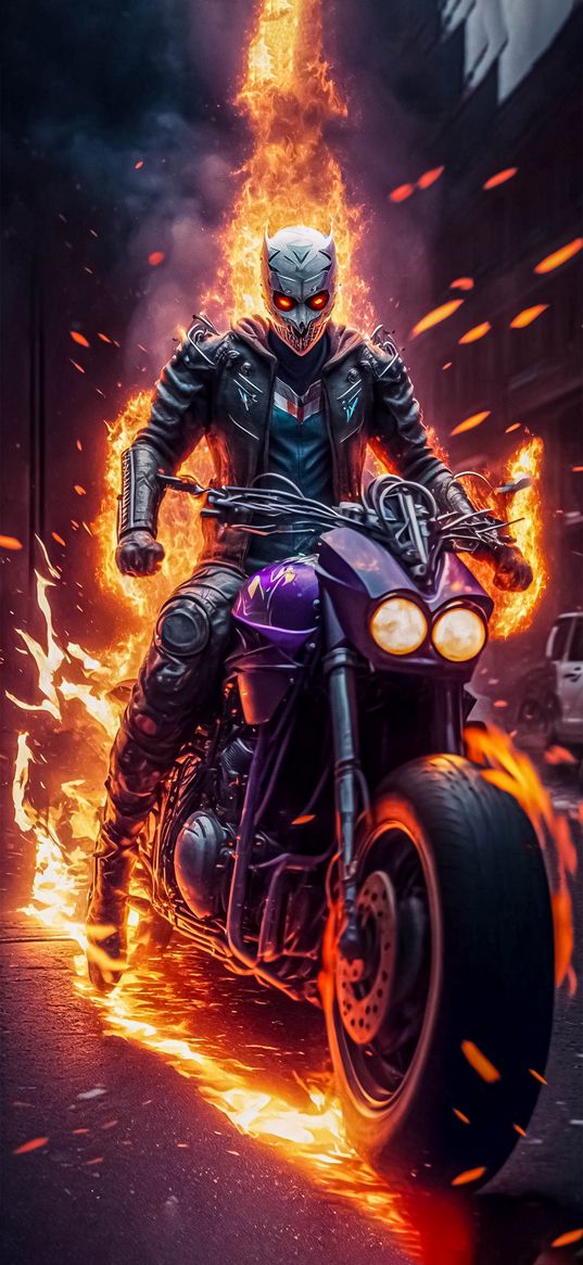 ghost rider, villain, marvel, bike, motorcycle, skull, mask, fire, flame, ai, art