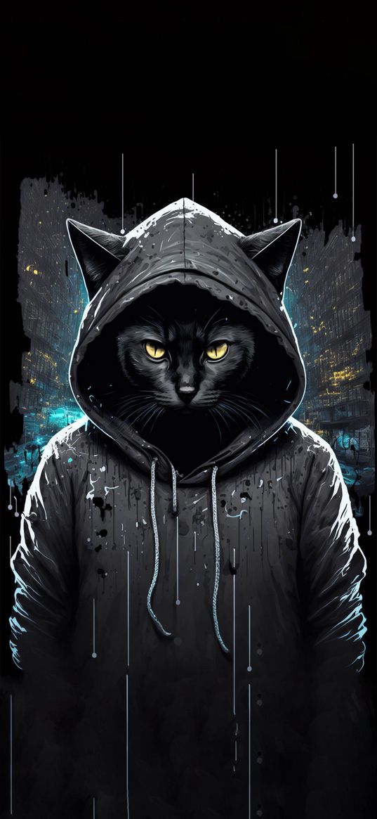 cat, hood, hoodie, grey, dark, ai, art