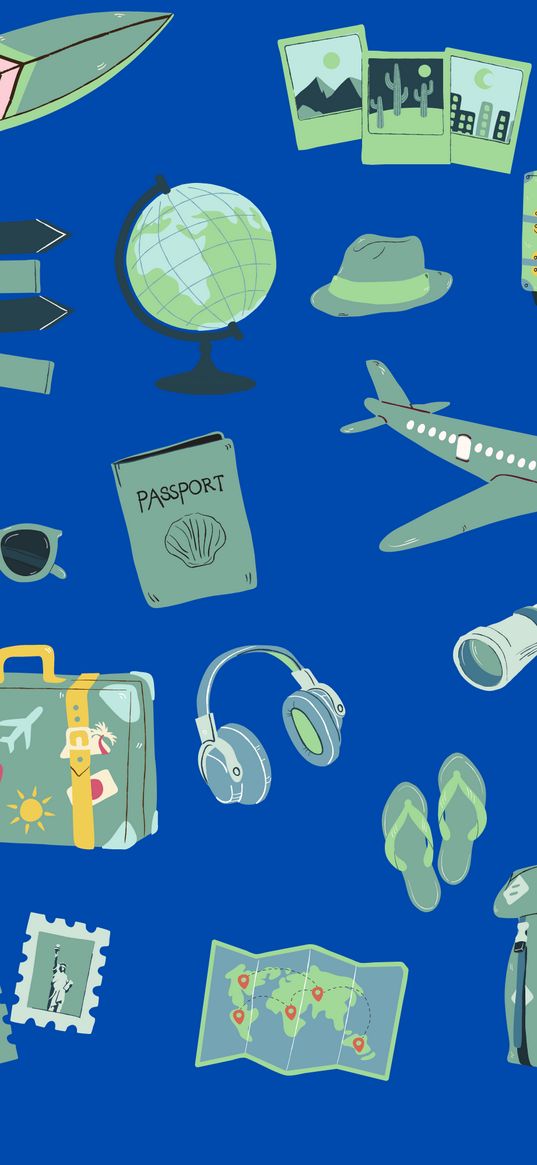 plane, passport, globe, suitcase, journey, accessories, green, blue background, art