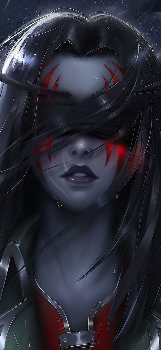 night elf, warcraft, game, girl, headband, tattoo, rain, red, black, art