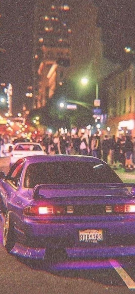 sports car, car, purple, road, street racing, people, street, night