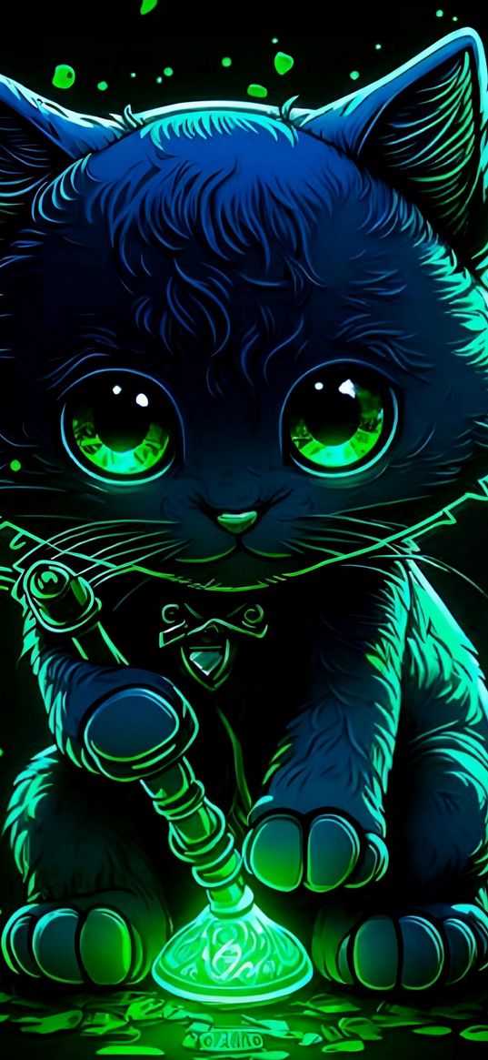 cat, potion, black background, art