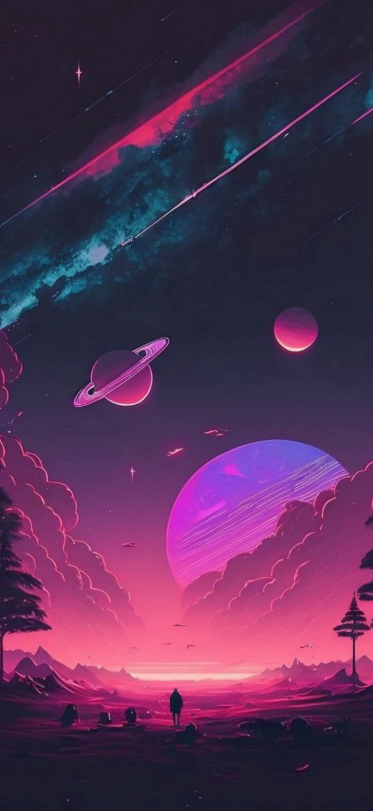 trees, sunset, clouds, planets, night sky, fantasy, art