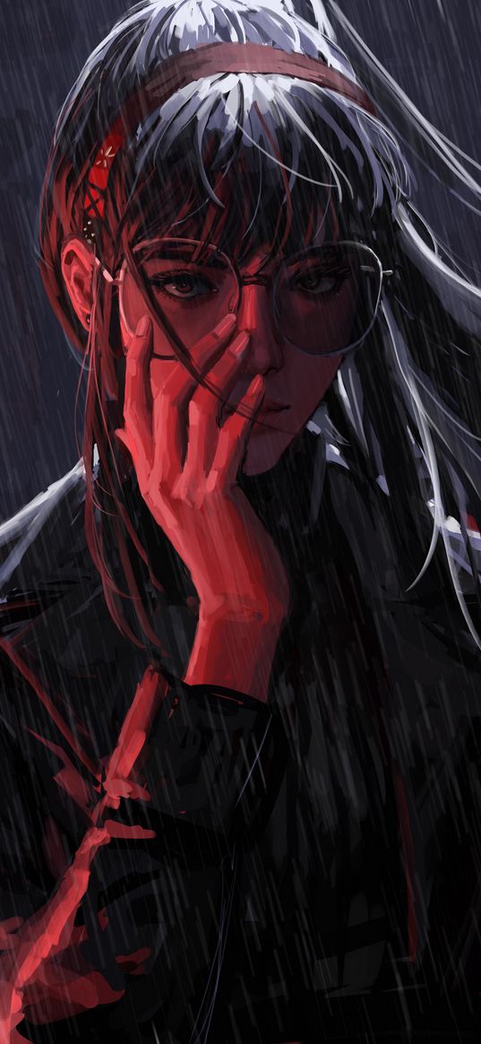 girl, anime, art, glasses, headband, rain