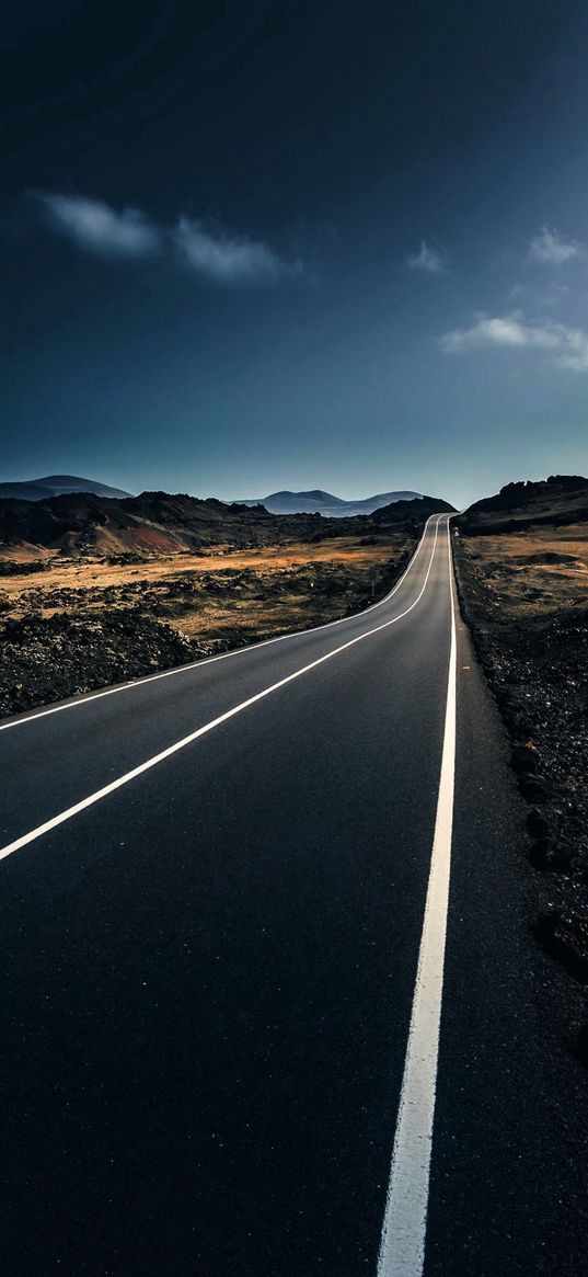 road, savannah, horizon, hills, blue sky, clouds