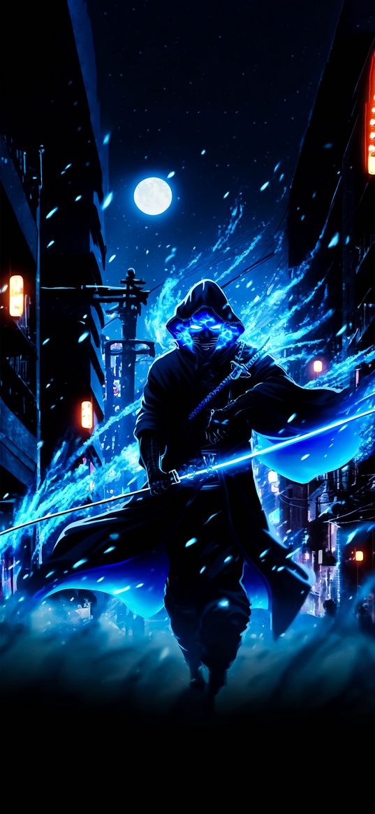 man, mask, cloak, sword, city, night, art