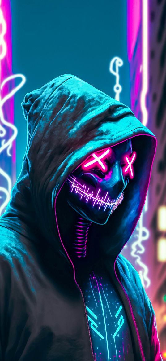 men, mask, guy, neon, digital art