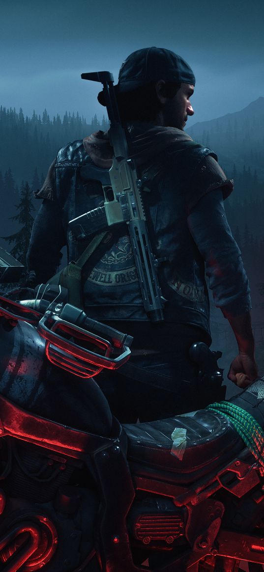 days gone, biker, motorcycle, forest, game