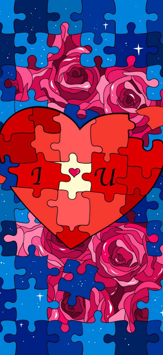 puzzle, heart, rose, art, stars