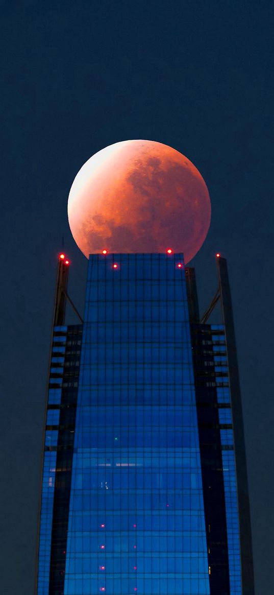 skyscraper, night sky, red moon