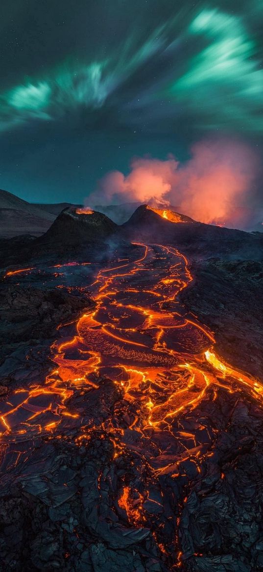 volcano, eruption, larva, aurora borealis