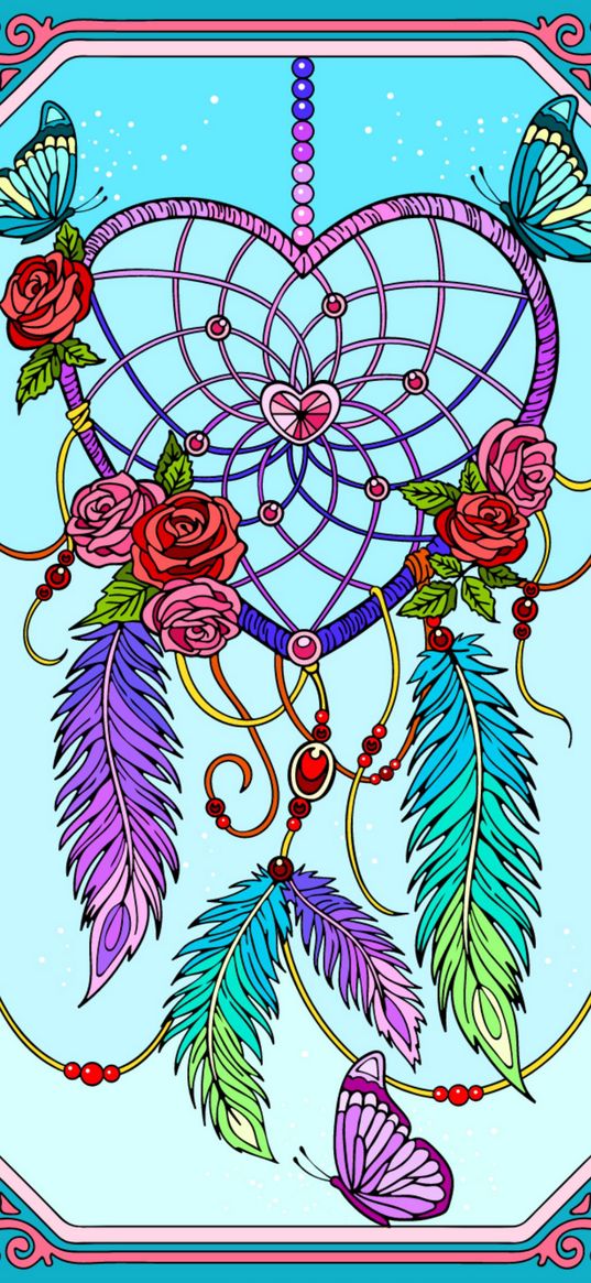 dreamcatcher, roses, butterflies, flowers, feathers, heart, art