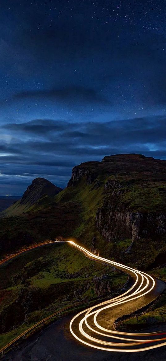 road, timelapse, hills, hillside, cloudy sky, night, nature, landscape, dark