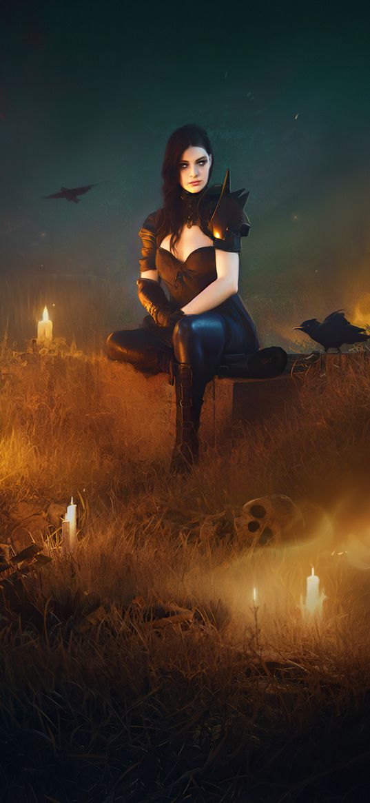 fire, girl, crows, candles