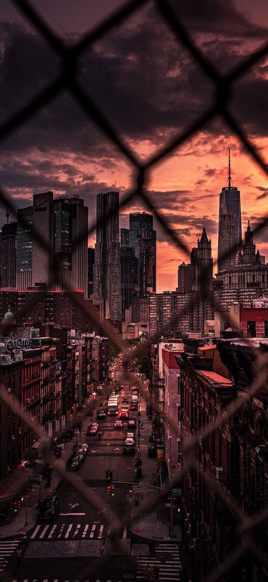 cars, traffic, road, street, skyscrapers, buildings, city, fence, sunset, clouds