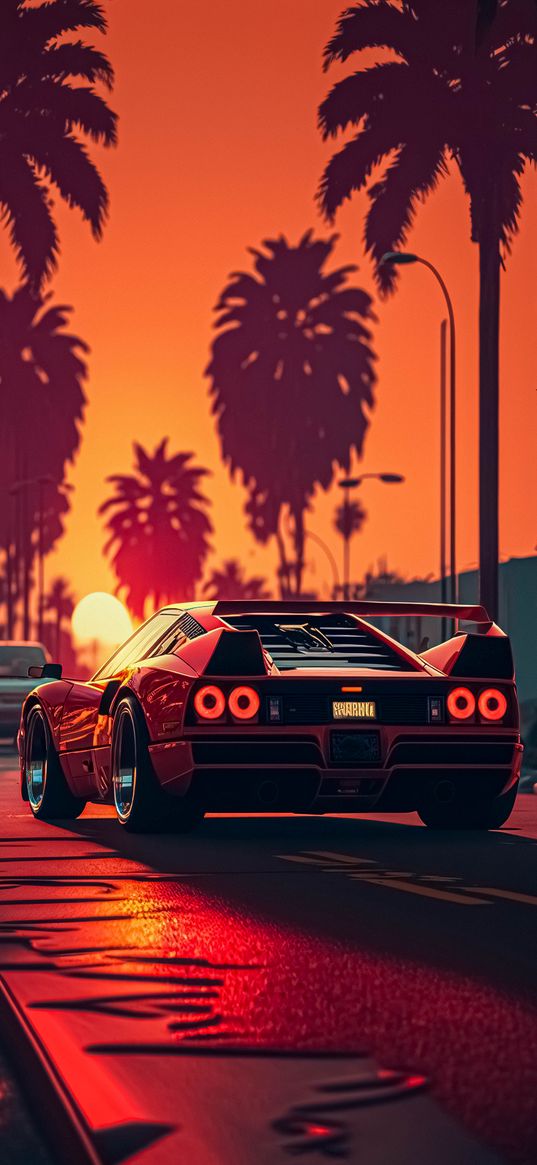 sports car, car, red, road, palm trees, sunset, ai, art