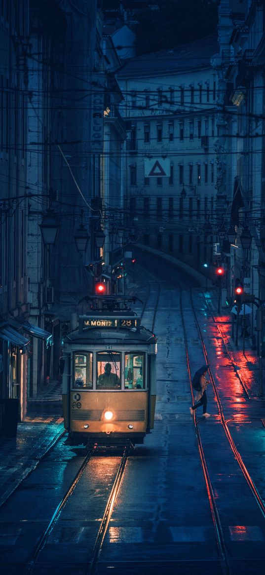 tram, man, umbrella, rain, rails, street, houses, buildings, lights, city, night