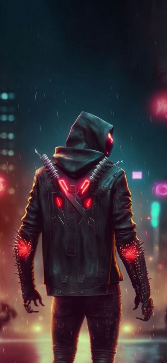 guy, hood, hoodie, rain, street, city, lights, night, cyberpunk, future, ai, art