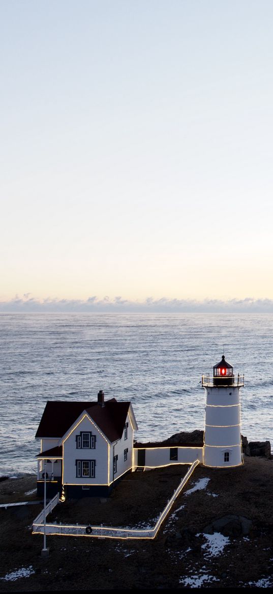 lighthouse, house, cliff, sea, nature