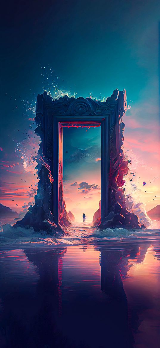 gate, lake, mountains, sunset, sky, fantasy, ai, art