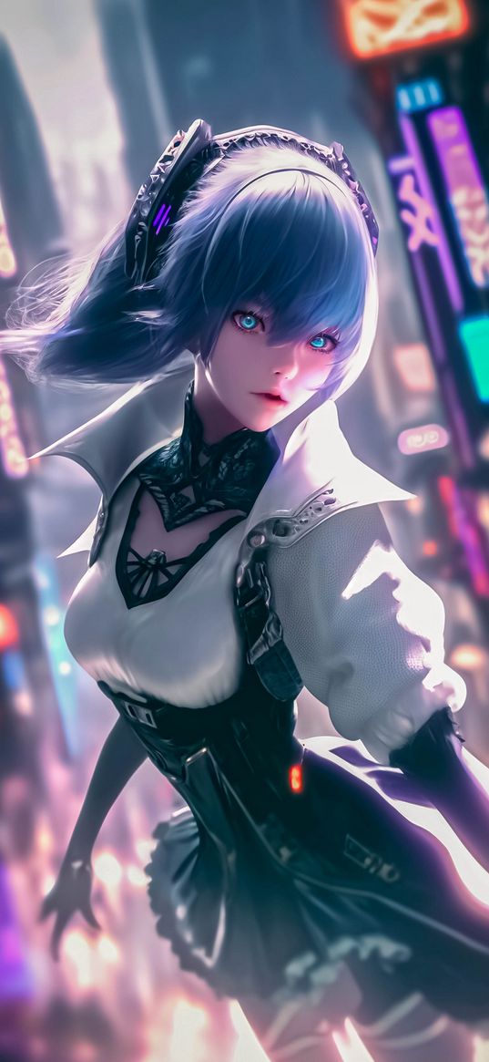 girl, blue eyes, blue hair, dress, city, neon, cyberpunk, future, art