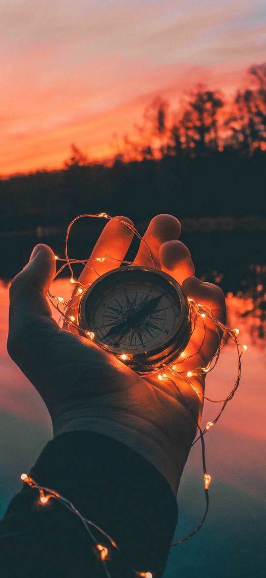 compass, garland, hand, river, evening