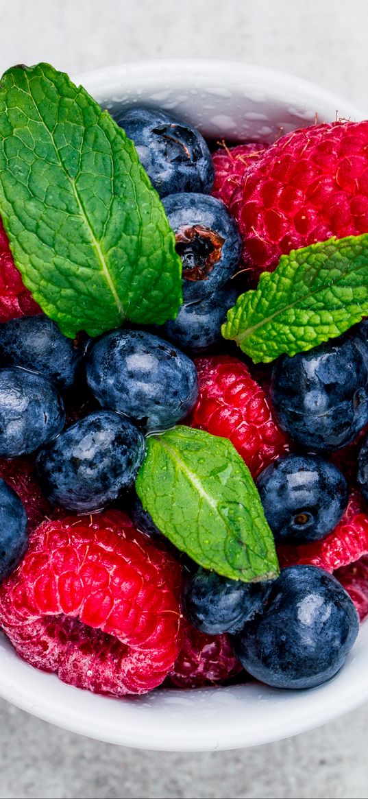 blueberries, raspberries, berries, mint