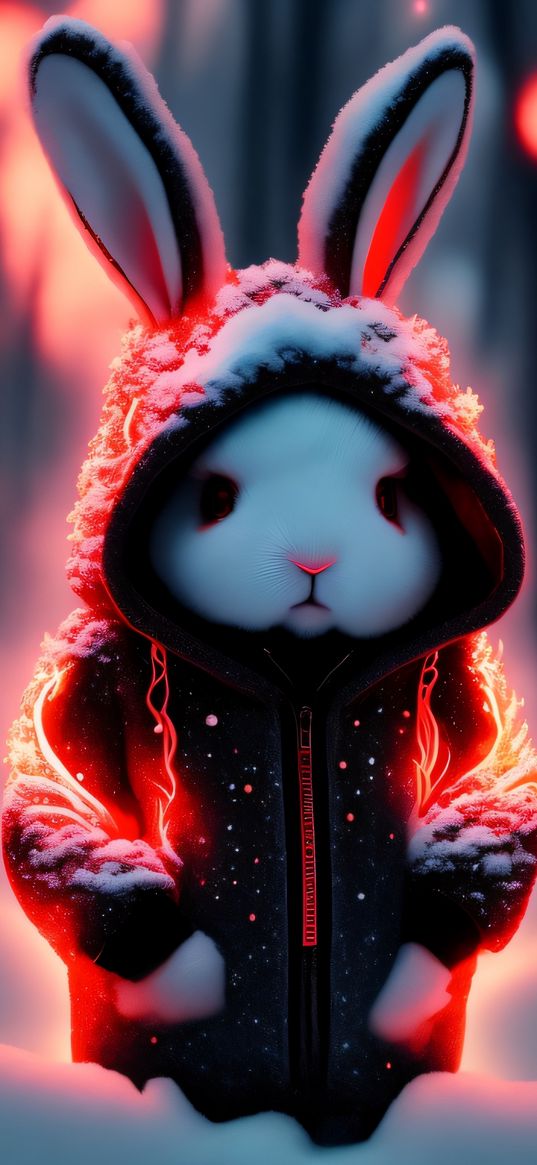 rabbit, animal, hoodie, snow, winter, lights, art