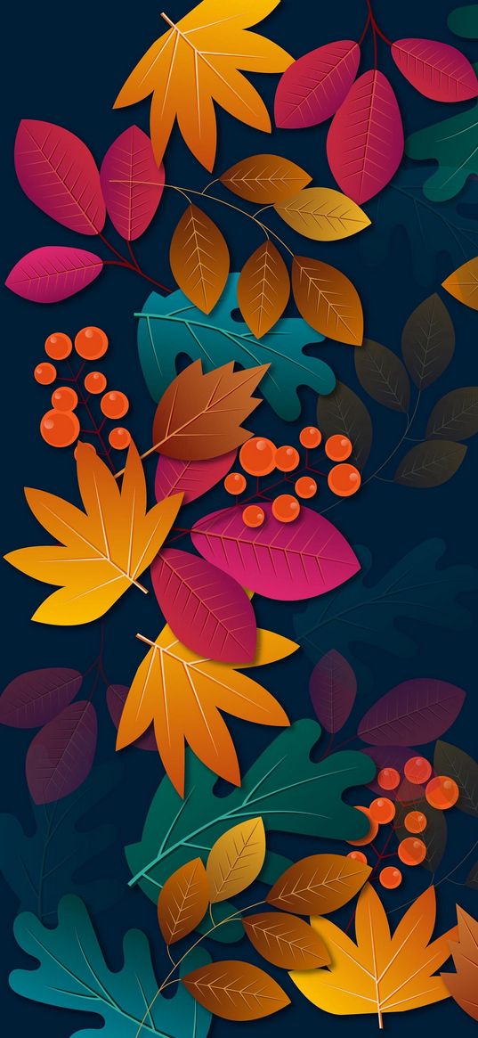 leaves, collage, rowan, berries, color, autumn