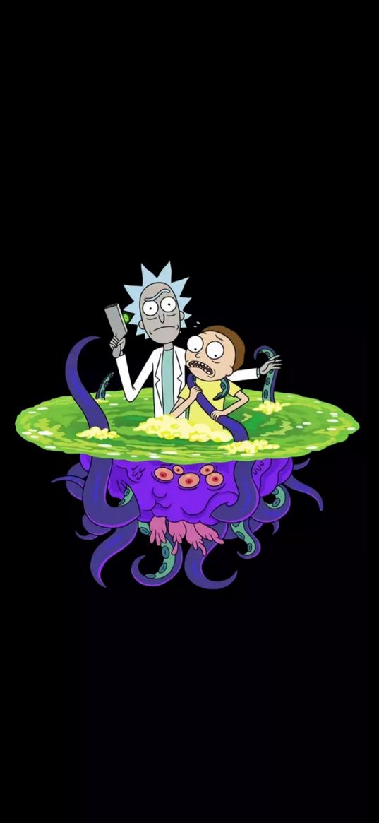 rick and morty, cartoon, tv series, characters, weapons, portal, monster, art