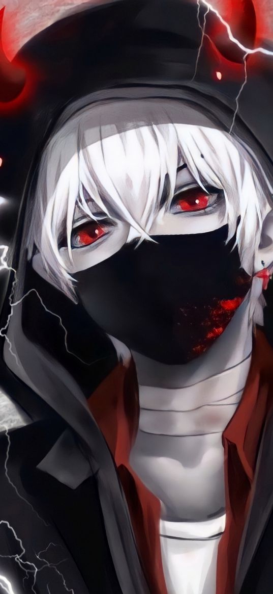 guy, anime, hood, mask, horns, art