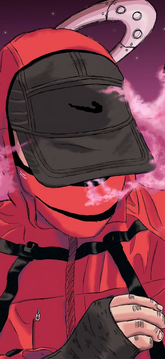 guy, hoodie, red, mask, baseball cap, black, nike, smoke, art