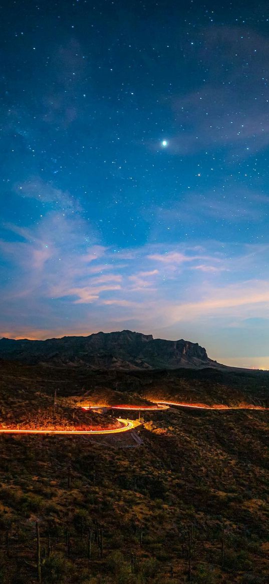 savannah, road, clouds, sky, stars